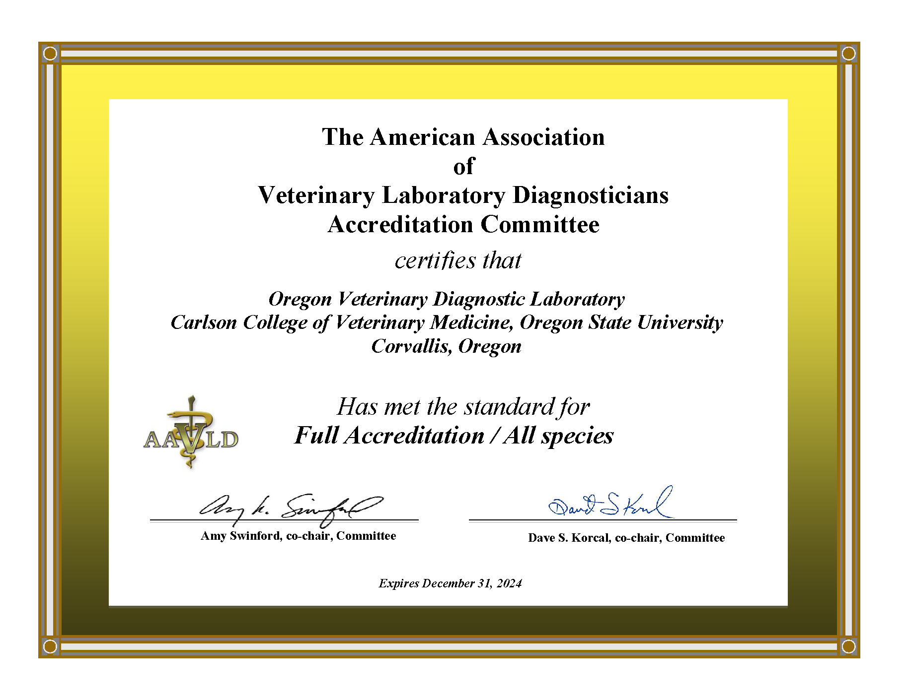 AAVLD Accreditation Certificate for OVDL