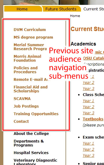 Previous website audience submenu