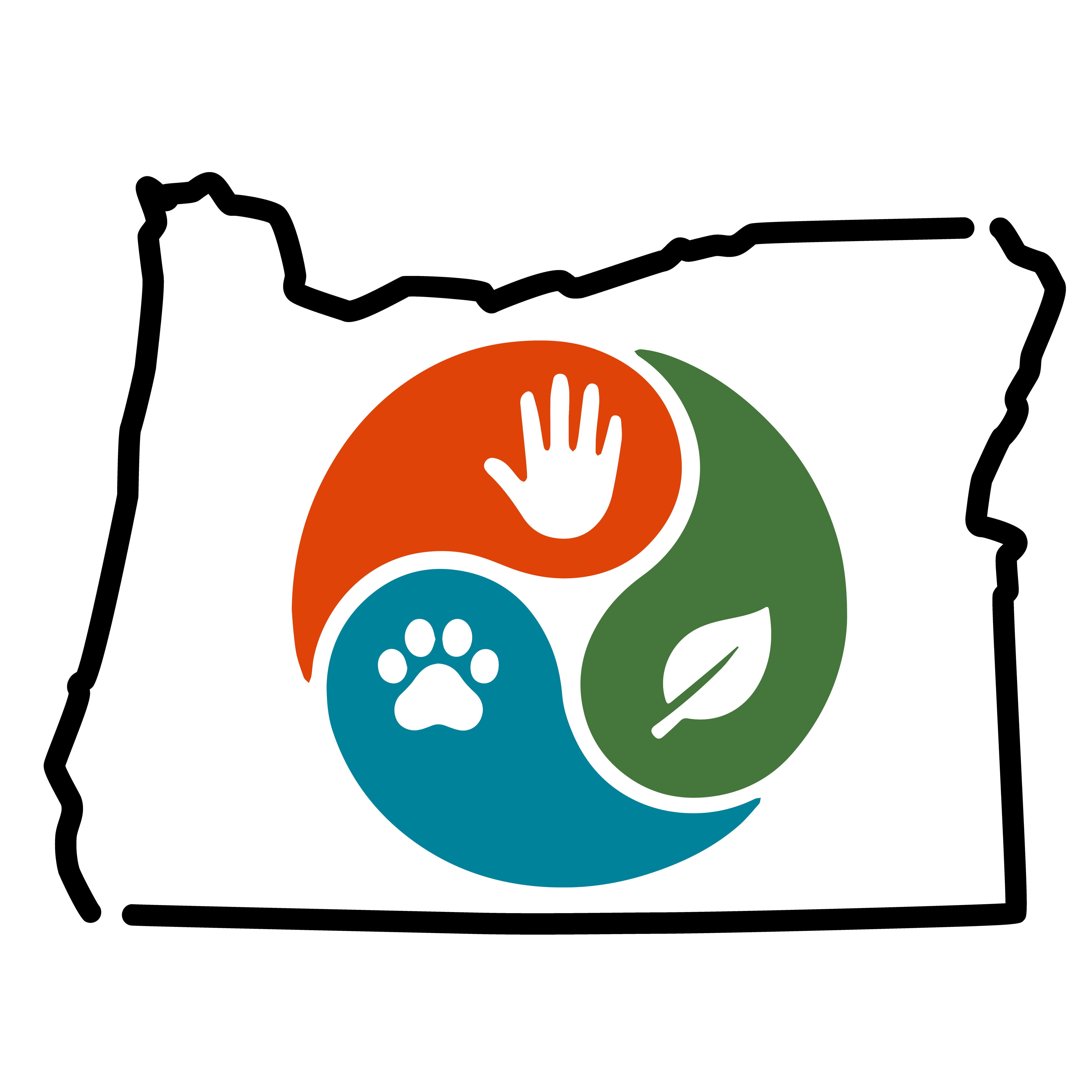 Graphic of outline of Oregon border with One Health hand, paw, leaf in center