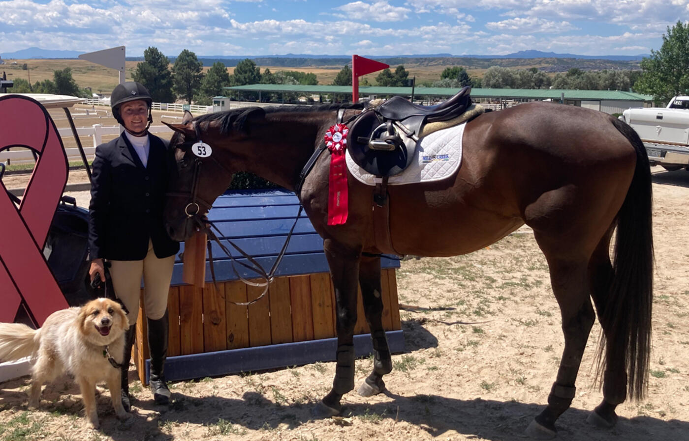 Woman stands next to horse sporting aribbon from an equine event. Dog stands with them on leash.