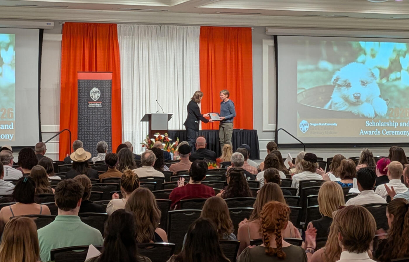 Person receives award from another person on stage. 