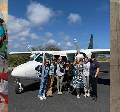 Collage of images showing veterinary care and a group photo with an airplane.