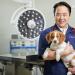 Dr. Darin Hisanaga wearing a doctor's smock and stethoscope holds a white and gold puppy in a veterinary hospital exam room.