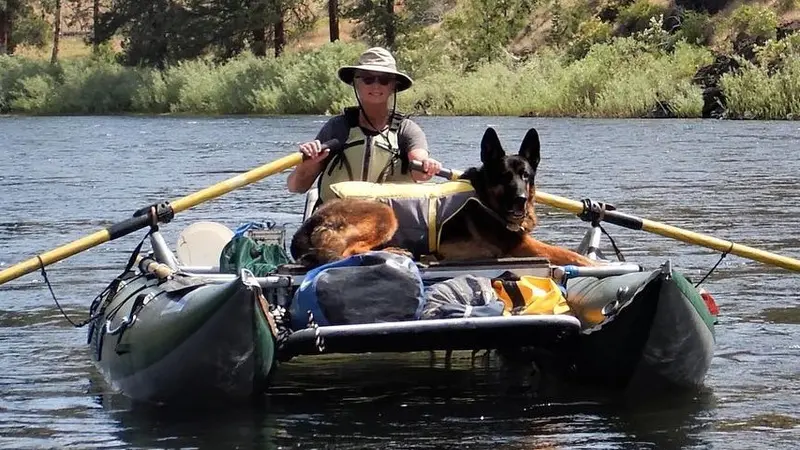 Dog and person in a river raft