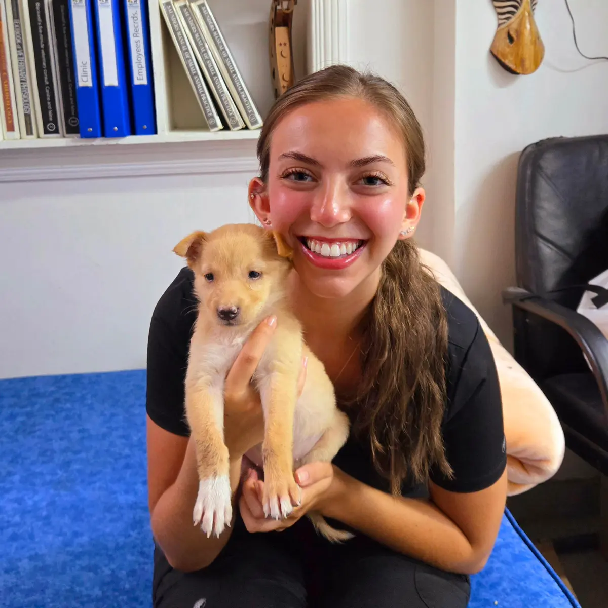 Person holds puppy.