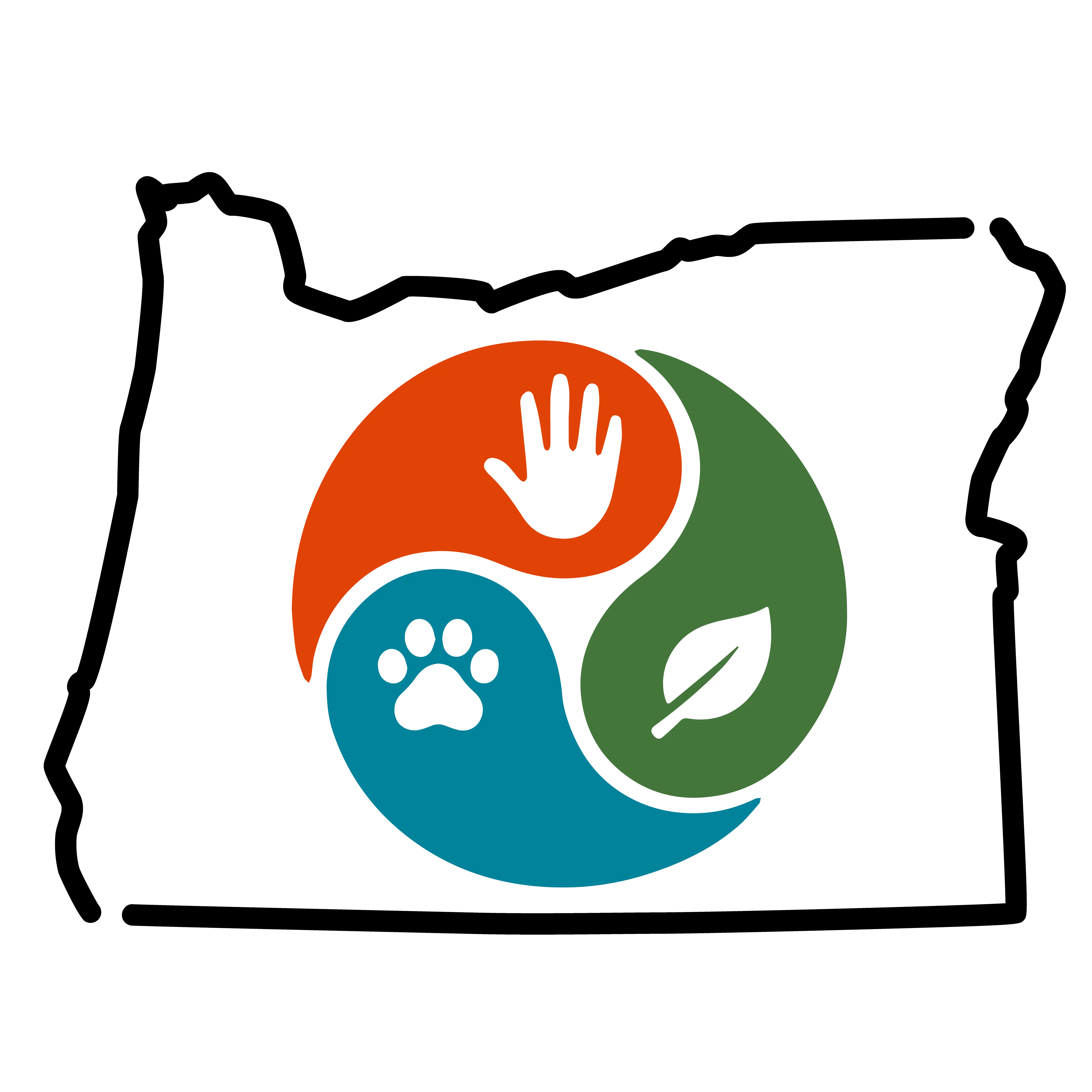 Graphic of Oregon state outline with One Health paw, hand and leaf logo inside state outline.
