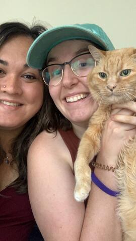 Orange cat being held by his owner and friend.