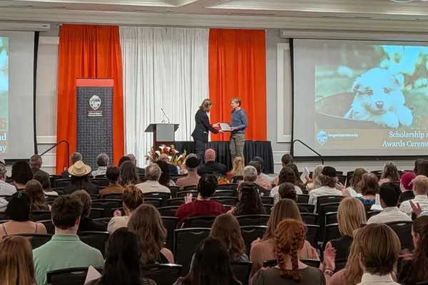 Person receives award from another person on stage. 