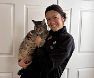 Woman holds cat.